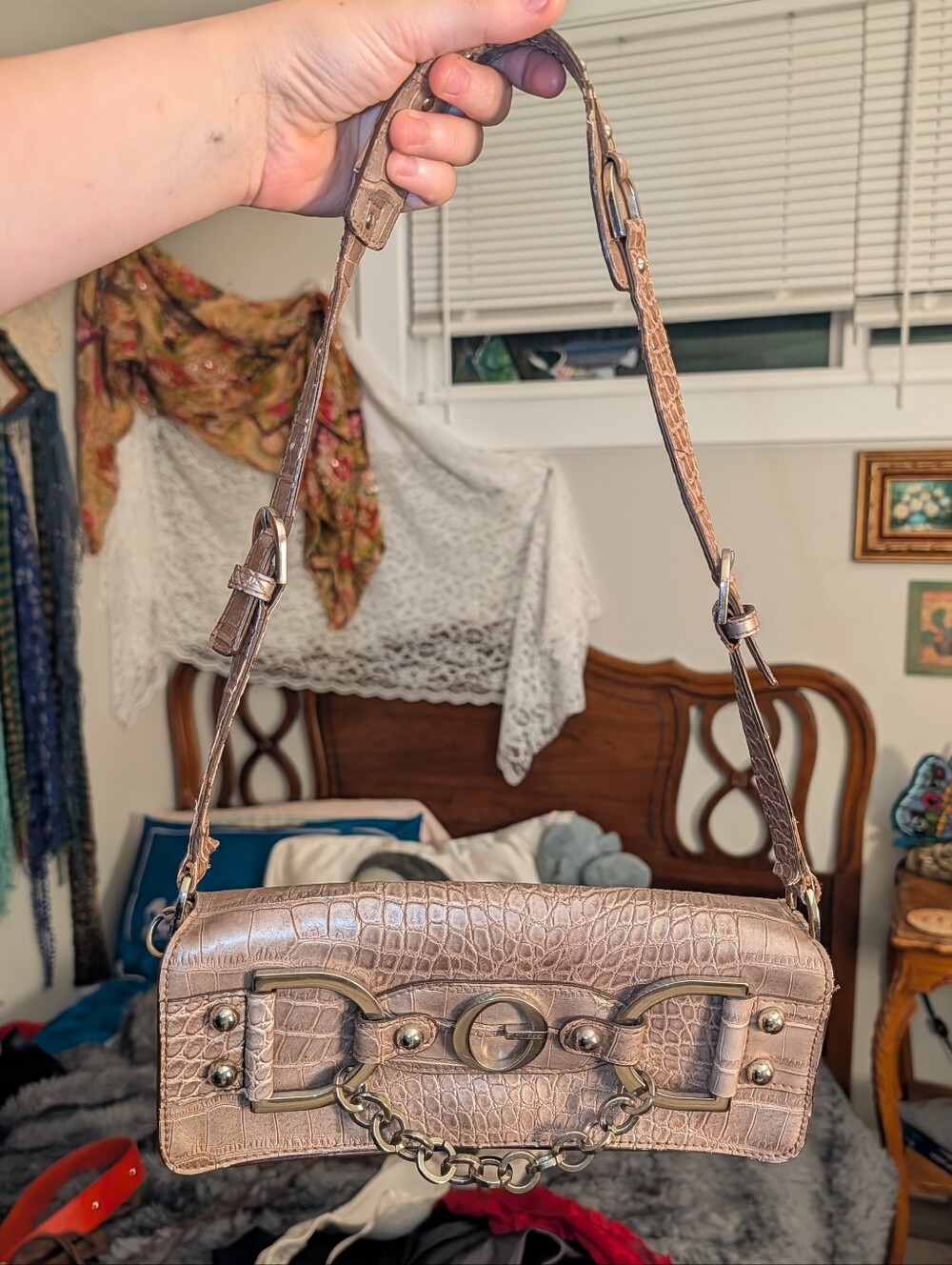 Y2K Glam Guess Metallic Faux Croc Shoulder Bag